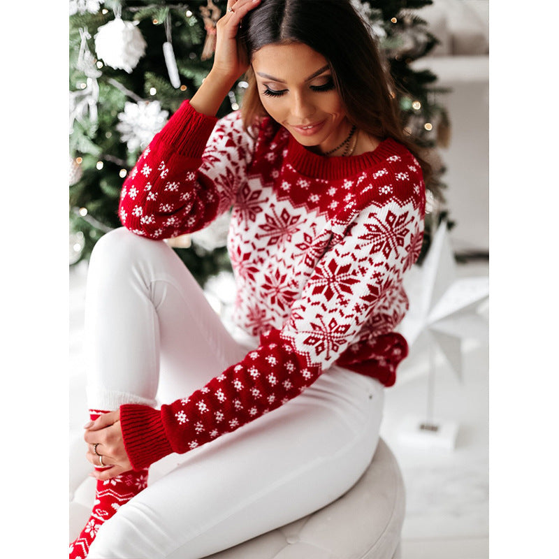 Warm and Cozy Christmas Snowflake Long Sleeve Knit Sweater - Ideal for Layering and Winter festivities