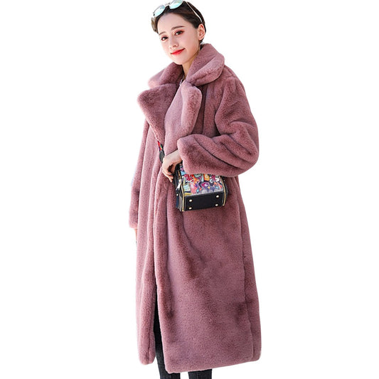 Women's Winter Fashion Imitation Velvet Fur Long Coat with Warm Cotton Mink Skin Cashmere Lining