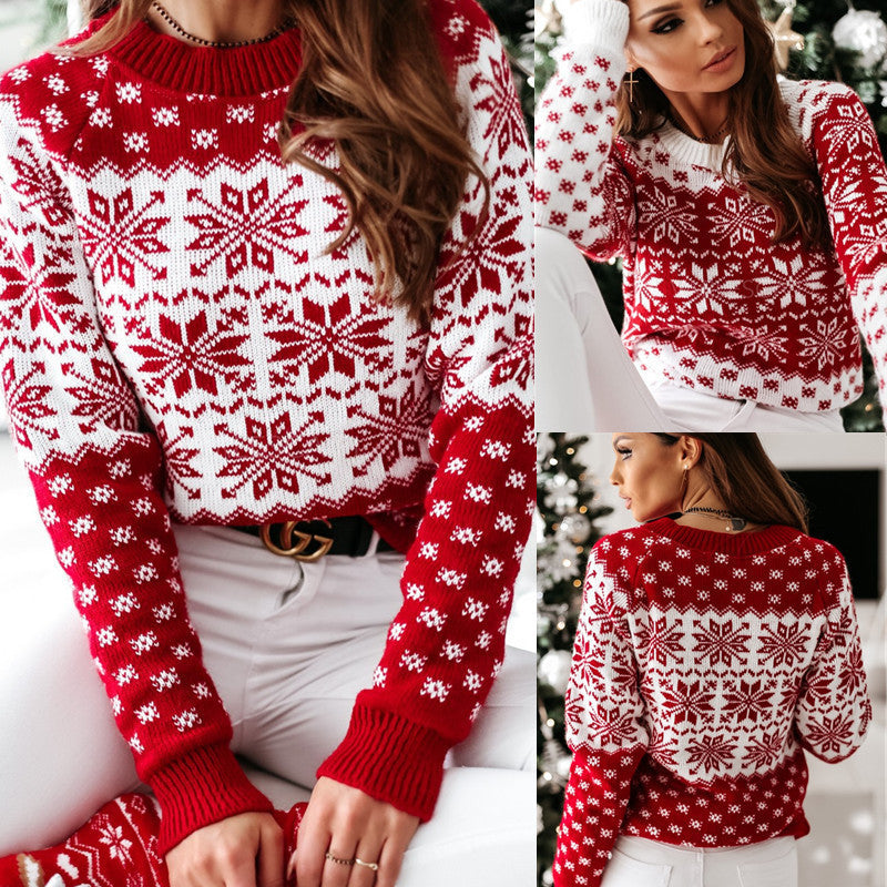 Warm and Cozy Christmas Snowflake Long Sleeve Knit Sweater - Ideal for Layering and Winter festivities