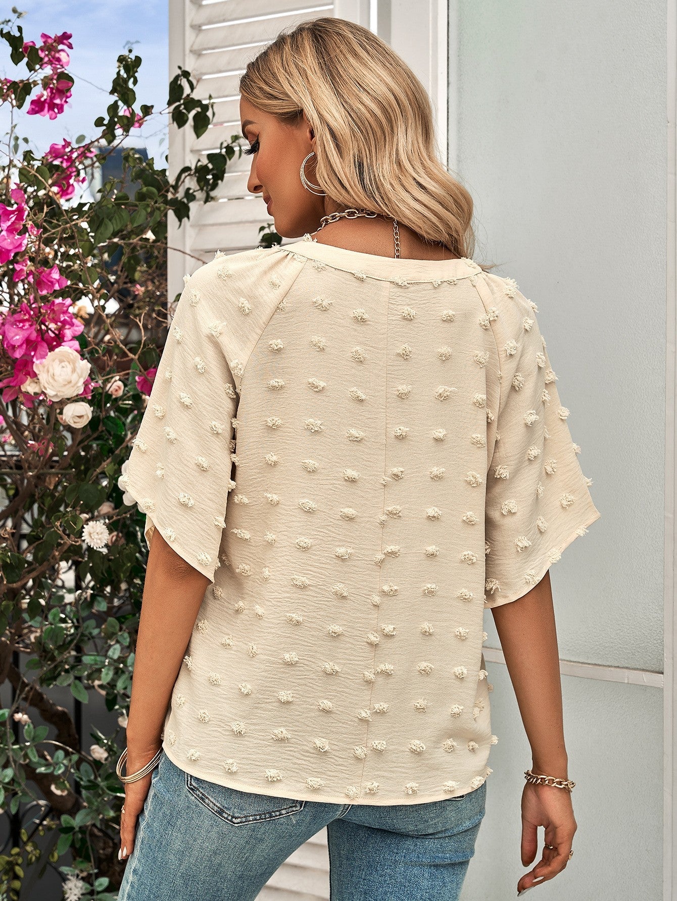 Swiss Dot Notched Neck Blouse with Flare Sleeves